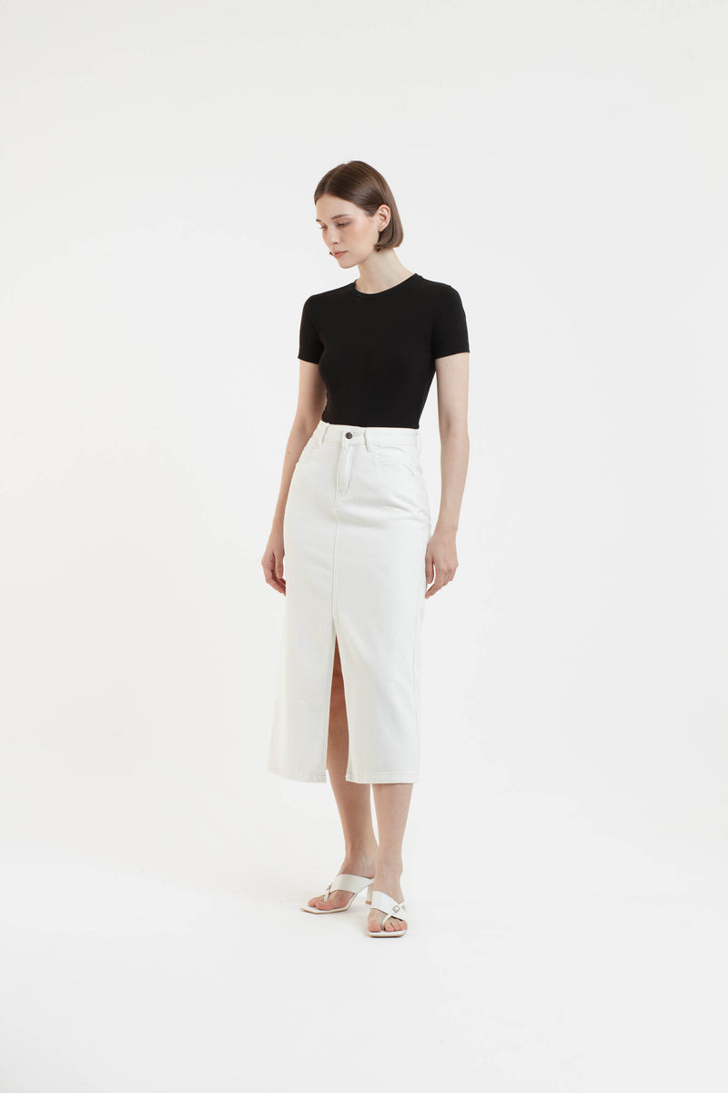 White Midi Denim Skirt - Hellolilo