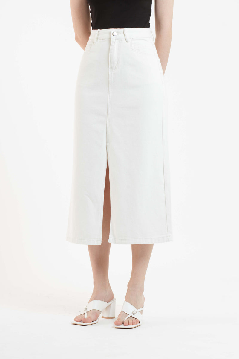 White Midi Denim Skirt - Hellolilo