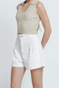 White Pleated Denim Shorts - Hellolilo