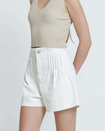 White Pleated Denim Shorts - Hellolilo