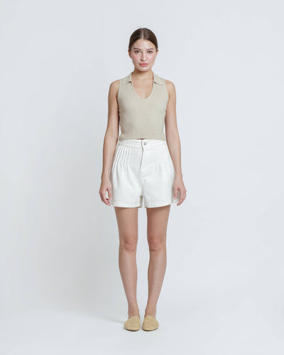 White Pleated Denim Shorts - Hellolilo